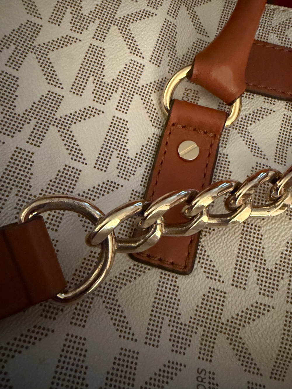 Michael Kors Hamilton Tote Cream & Tan Logo leather Satchel with Gold Hardware - Picture 5 of 9
